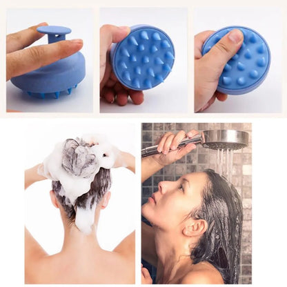 Silicone scalp massage brush in use, promoting relaxation and hair care during shower.