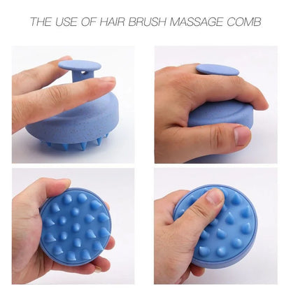 Image showcasing the uses of a silicone scalp massage brush comb with a blue design.